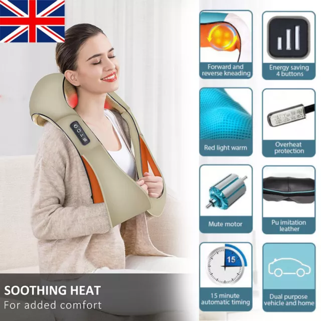 UK Electric Shiatsu Back Neck Shoulder Massager with Heat Kneading Body Car Home