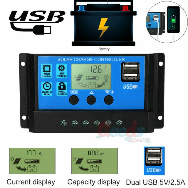 PWM 12V/24V USB Solar Panel Battery Regulator Charge Controller 30A LCD ...