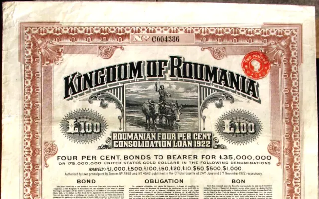 Kingdom of Roumania bond Rumänien histor.  GBP Anleihe 1922 + Kupons România