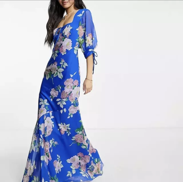 ASOS Design Maxi Tea Dress Bias Cut Panel Open Back Blue Floral Women 12