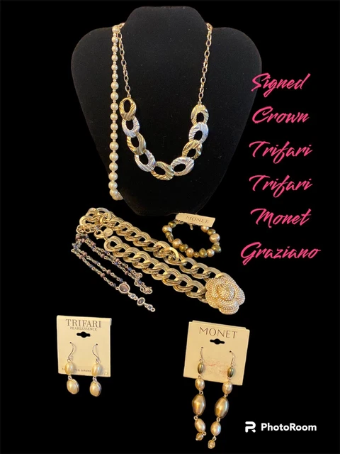 Lot (7) Signed Crown Trifari Monet Nwt Trifari Nwt Graziano Goldtone Faux Pearl
