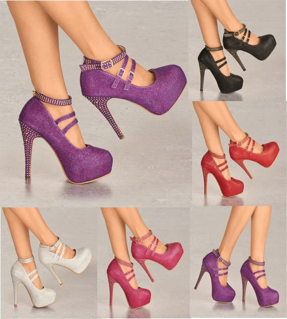 Ladies Platform High Heel Sparkly Diamante Stud Buckle Ankle Strap Party Shoes