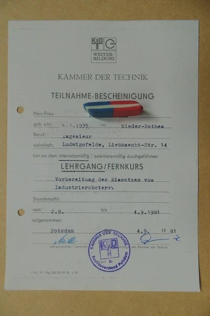 TEILNAHMEBESCHEINIGUNG, KAMMER der Technik DDR 1981, Roboter (URA5