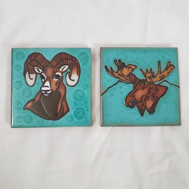(2) Cleo Teissedre Moose/Ram Hand Painted Art Coaster Trivet Ceramic Tile 4x4