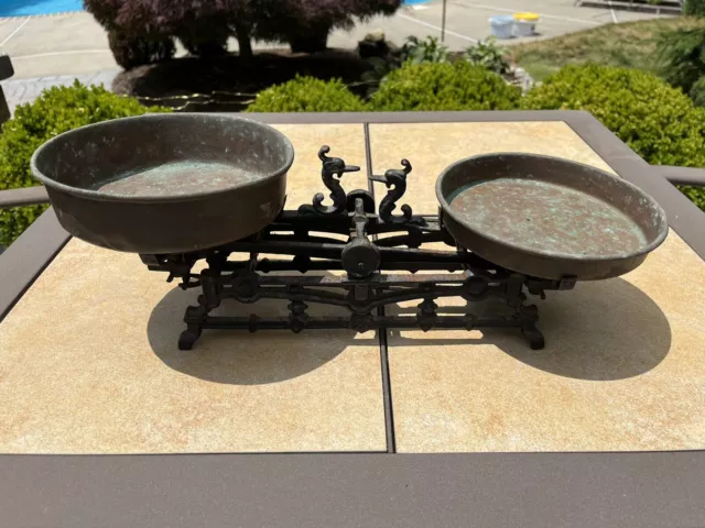 Antique Ornate European Cast Iron Balance Scale w/ Copper Trays
