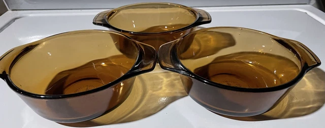 Three Anchor Hocking Fire King #472 Amber 12 OZ Small Casserole Dishes No Lids