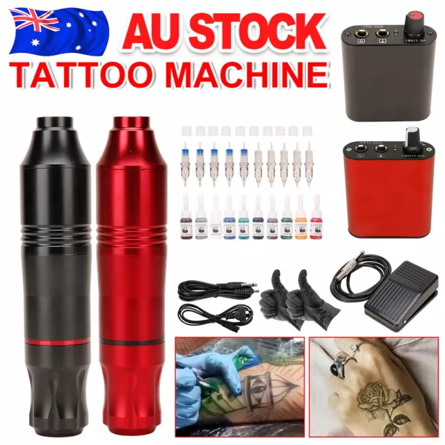 Tattoo Machine Kit Motor Pen Gun Color Inks Power Supply Needles Set w/AU Plug