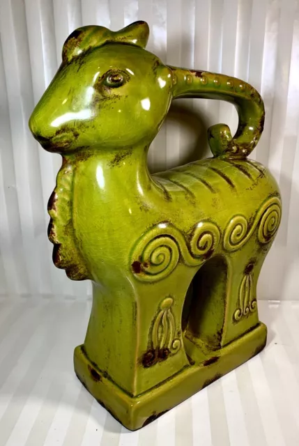 Large Ceramic Porcelain Ram Statue Green W/ Brown Accents