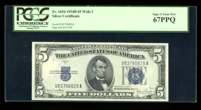 DBR 1934-D $5 Fr. 1654Wi Superb Gem UA Block PCGS 67 PPQ Serial U83790829A