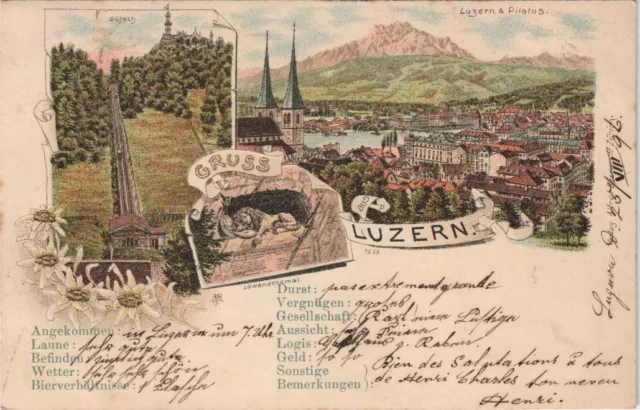 Ansichtskarte Litho AK Luzern Lucerna MB: Bahn, Totale, Denkmal 1906 2