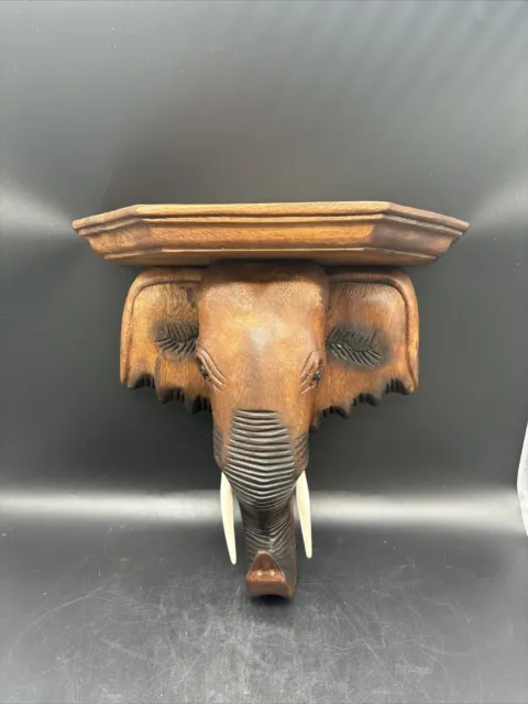 Vintage Large Hand Carved Elephant Head Shelf Made in Thailand Heavy 14” X 14”