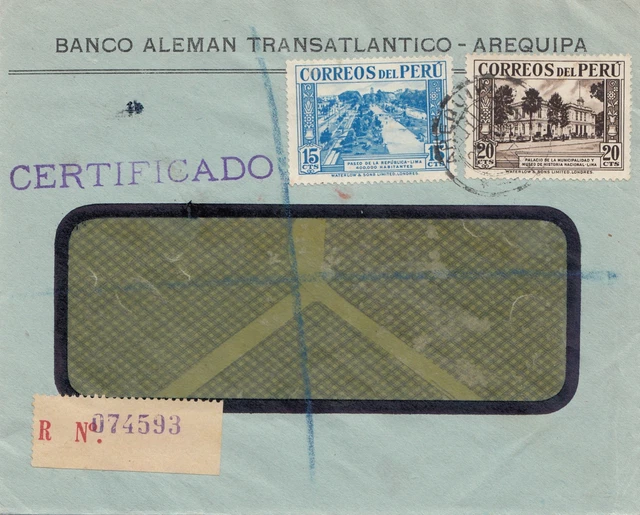 Peru 1938: registered letter Arequipa to Plymouth Dvon