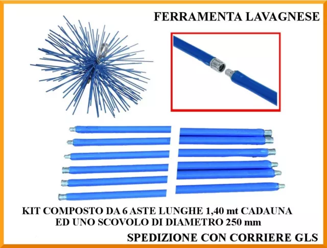 Kit pulizia canna fumaria per tubo inox 6 aste da 1,40 metri + scovolo Ø 250 mm