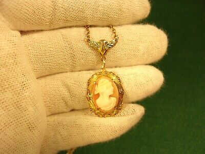 Gorgeous Old Vtg Antique Art Deco Gold Filled Coral Cameo Fixed Pendant Necklace