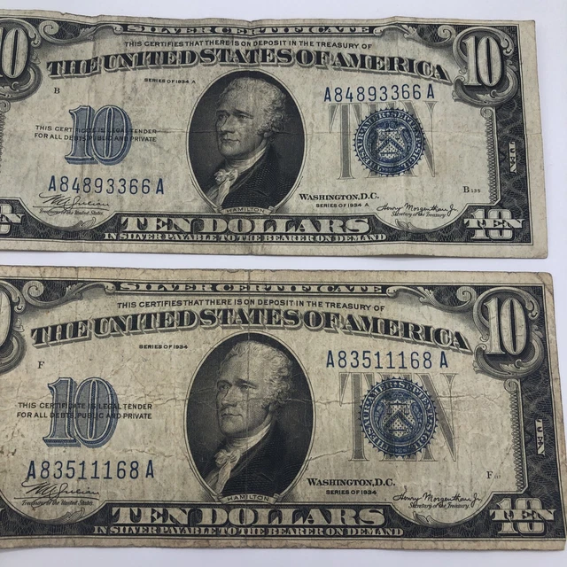 1934 A & 1934  $10 Ten Dollar Silver Certificate Note Blue Seal 4