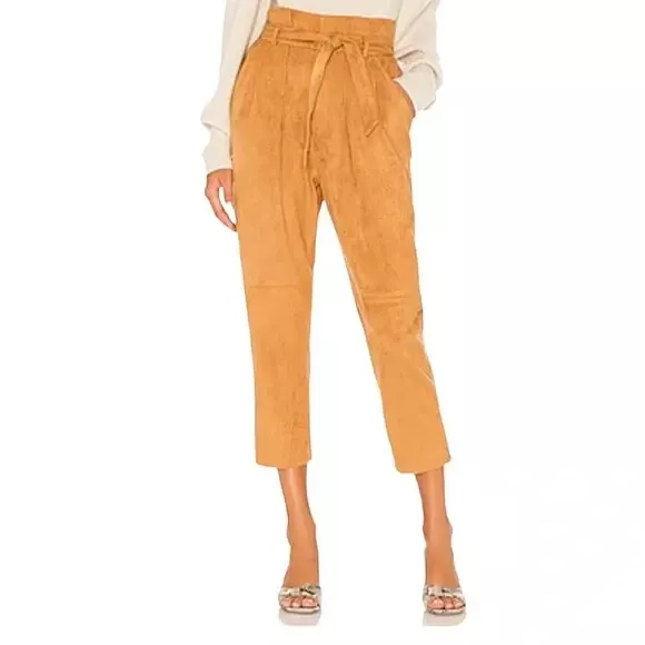 Free People Women's Camel Nightfall Vegan Suede Belted Cropped Pants Size 2