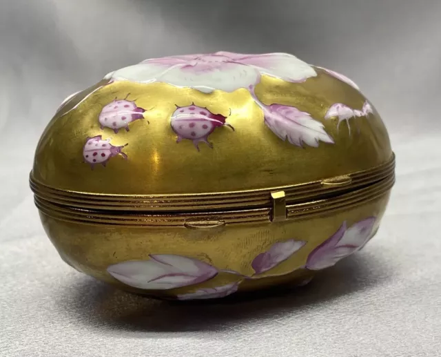 Limoges Chamart Egg Embossed Insect Flower Gold Trinket Box Peint Main Ladybug 1