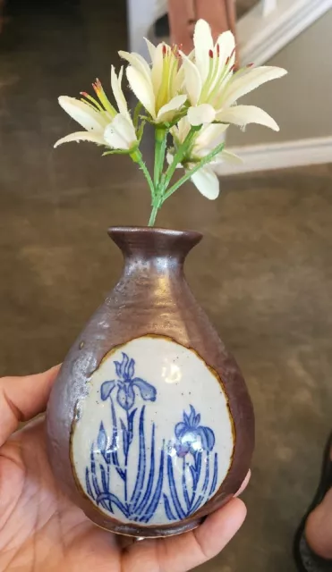 Vintage 5" OTAGIRI Pottery Japan  Glazed Vase Embellished Hand Painted Irises