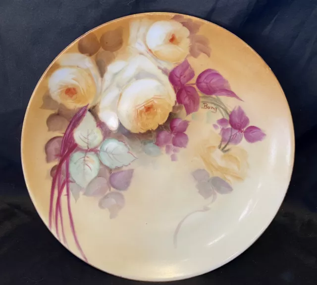 Antique Hand Painted Porcelain 9 1/4” Plate Large Yellow Roses Signed