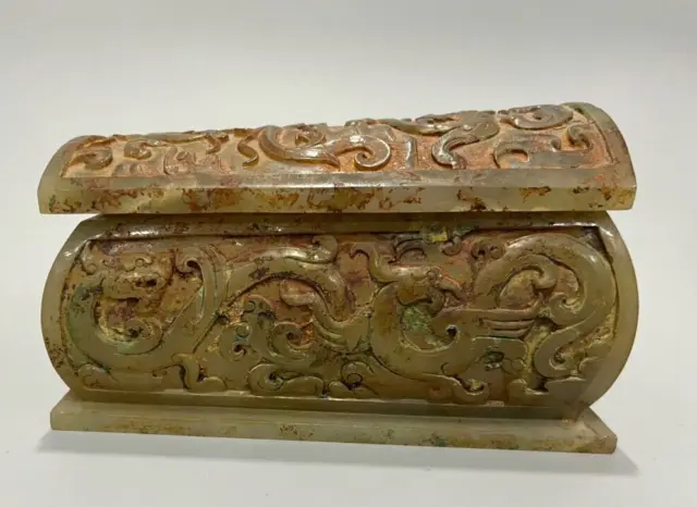 6" Old Han Dynasty Natural Hetian Jade Carve Dragon Phoenix Beast Coffin Casket
