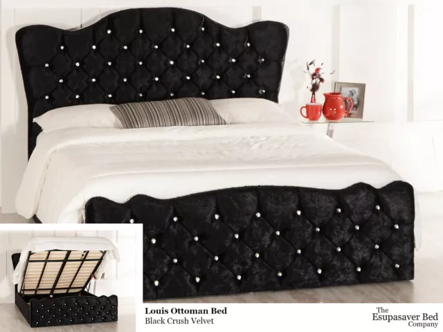 Louis French Design Gas Lift Ottoman Bed Frame - Diamante Buttons - Esupasaver