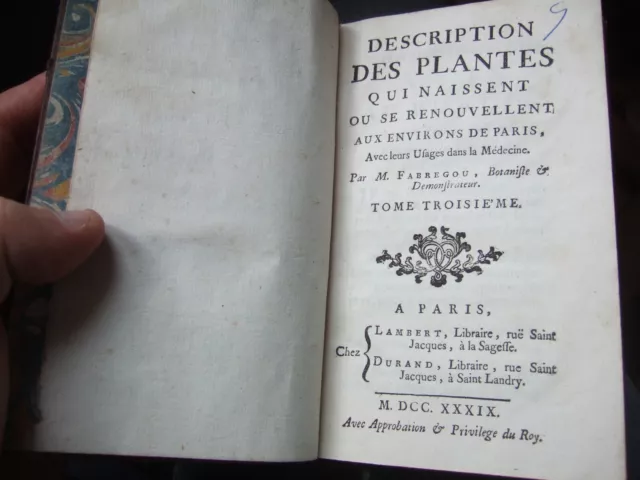 Lot livres ancien, 1739, EO, 1 Volume, Plantes, Botaniste, Médecine, TBE