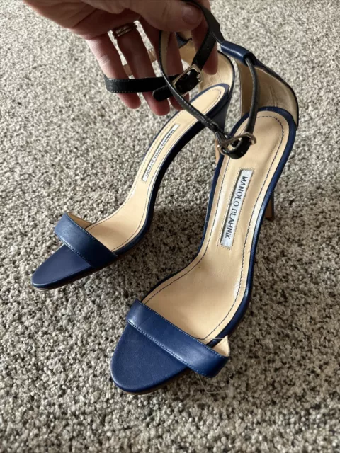 Manolo Blahnik 39.5 Women’s Blue High Heels Pumps (Black Strap)