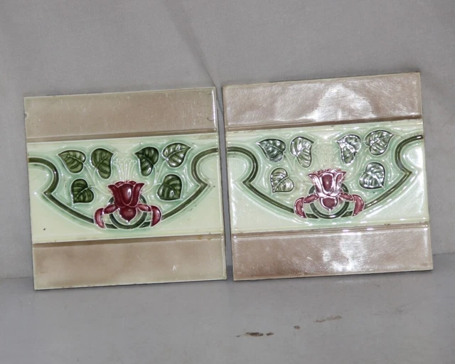2 Pc Vintage Majolica Tree & Leaf Designs Art Nouveau Architecture Tiles, Japan