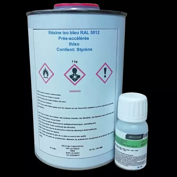 1 kg Résine polyester  ISO BLEU RAL 5012  avec 20 ml Catalyseur