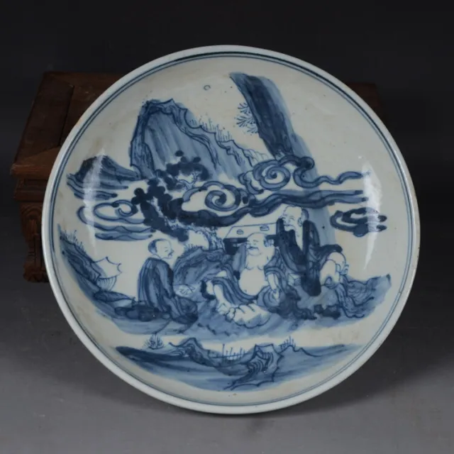 8.2" Antique Collect China Blue White Porcelain Hand Painting Figure Grain Plate