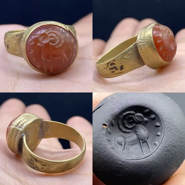 Wonderful Ancient Roman Agate Stone Ram Intaglio Bronze Ring