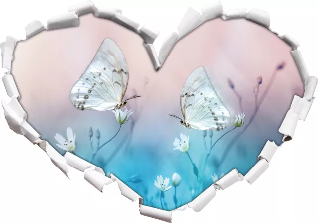Deux Belles Blanc Papillon Sur Petites Fleurs - 3D-Look Cœur Sticker Mural Auf