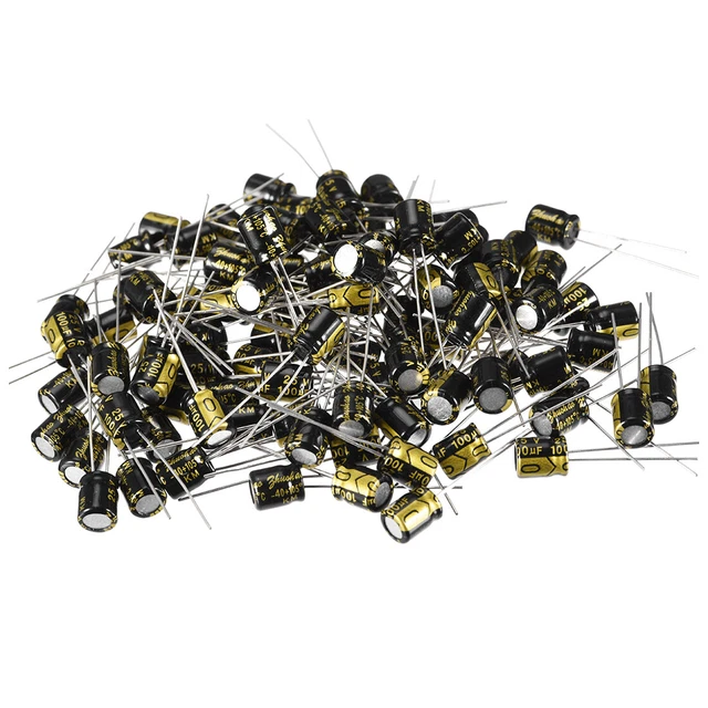 Radial Condensateur électrolytique 100uF 25V 105°C Vie 2000H 6x7mm noir 100pc