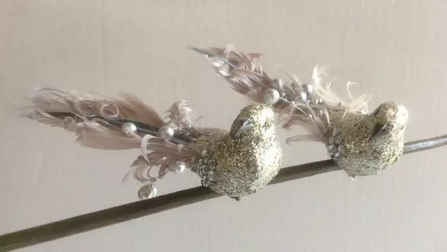 Pair Silver Birds Bead & Feather Christmas Decorations 16cm Wreath/Garland/Tree