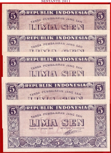 $ INDONESIA 5 SEN 17.10. 1945 Lot of 5 notes  P 14 UNC;  free shipping from 100$