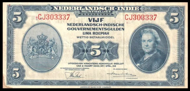 🇳🇱 Netherlands Indies (Indonesia) 1943 Pick 113a 5 Gulden  * Queen Wilhelmina