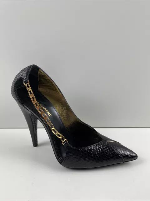 Saint Laurent Lola Chain Snakeskin-Embossed Leather Pointed Toe Heels Size 37.5 3