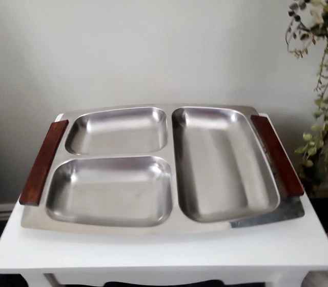 RETRO ROSTFREI STAINLESS Steel Sectioned Food Platter Tray with Timber ...