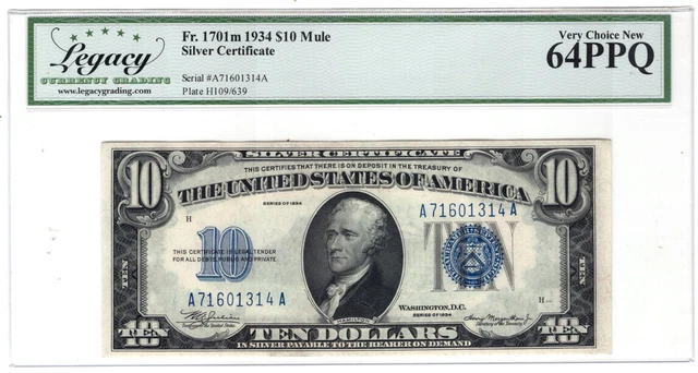 1934 $10 Mule Silver Certificate. Fr. 1701m.  LCG ChCU-64 PPQ Y00008949