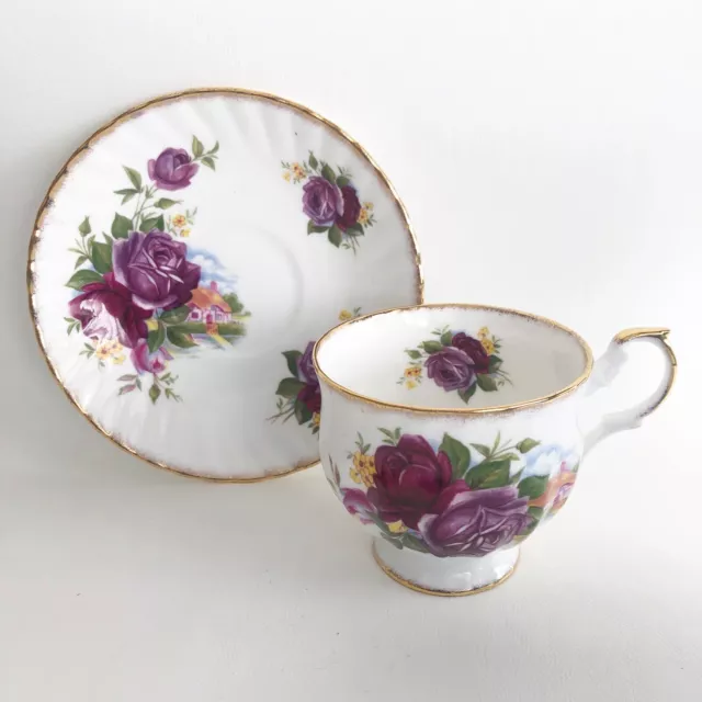 Vintage Queens Rosina Bone China Tea Cup and Saucer Purple Rose Cottage Gold