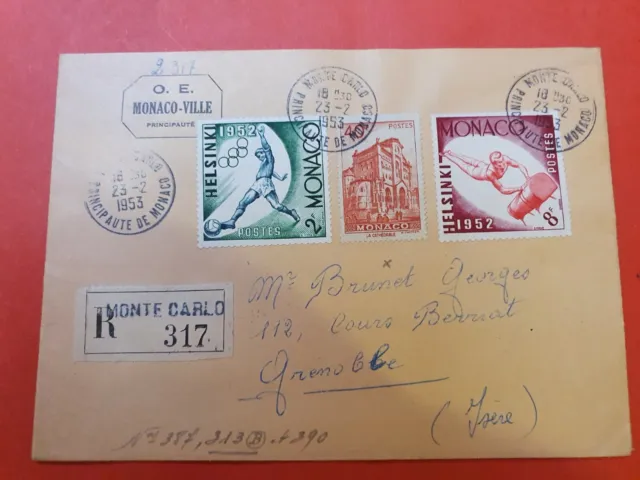 Monaco - Enveloppe en recommandé pour Grenoble en 1953 - D 275