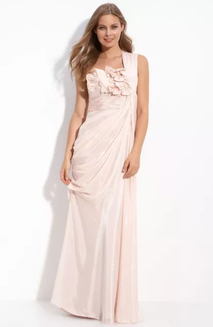 Adrianna Papell Floral Embellished Draped One Shoulder Gown Sz 16 Blush