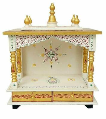 Handcrafted & Hand Painted Wooden Temple / Mandir Of Golden & White (18"x9"x21")