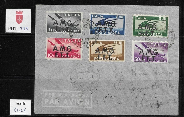 PHT_379. TRIESTE FTT. 1947 FDC letter w. DEMOCRATICA air mail set. Scott C1-C6.