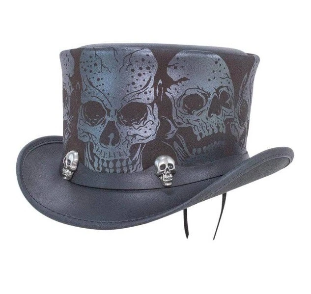 Cappello Top Pelle Teschi & Teschio Steampunk Cappello Steampunk Gotico Pelle Biker Cappello da Moto