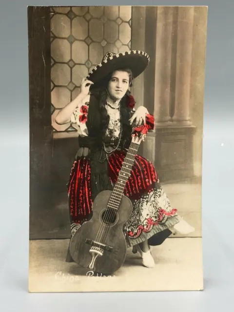 1935 MEXICO China Poblano GUITAR Folk Dress RPPC Real PHOTO Postcard Vintage