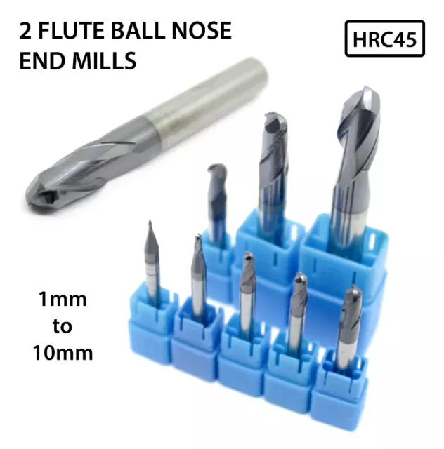 Solid Carbide Ball Nose End Mill 2 Flute Ballnose HRC45 TiAIN Coated Slot Drills