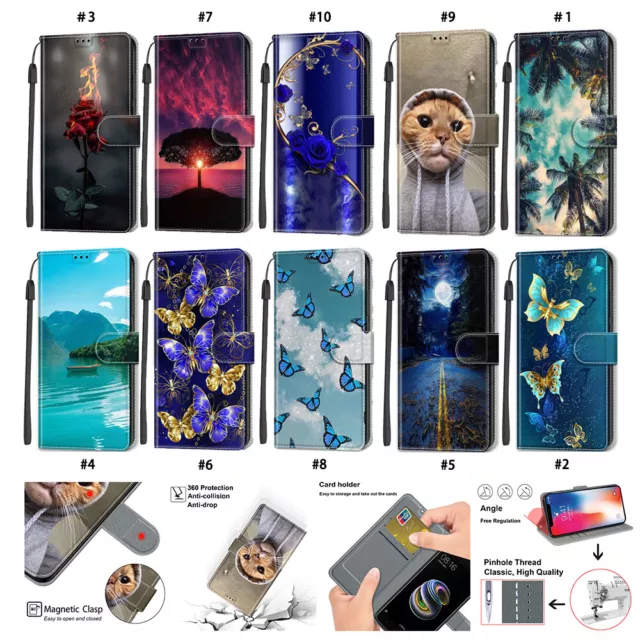 For iPhone 15 Pro 14 13 XR X 7 Painted Wallet Leather Case Flip Stand Phone Case