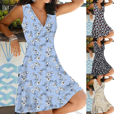Womens Summer Holiday Beach Mini Dress Ladies Floral V Neck Sleeveless Sundress