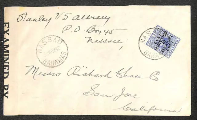 Bahamas #121 Stamp To Usa Type 4 British Tape Censored Ww2 Cover 1942